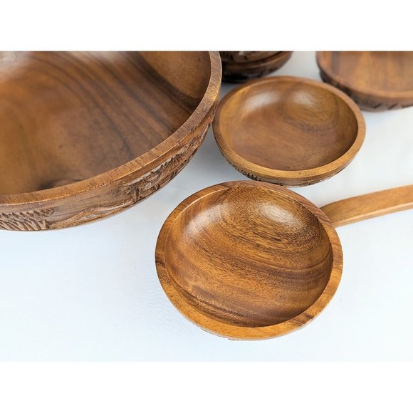 Vintage Hand Carved Wood Salad Bowl Set 10 Piece Polynesian Carved Wood Bowls - Picture 6 of 10